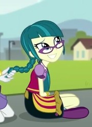 Size: 276x384 | Tagged: safe, screencap, juniper montage, rarity, equestria girls, equestria girls specials, g4, my little pony equestria girls: mirror magic, braid, clothes, cropped, cute, glasses, junibetes, pigtails, skirt, smiling, solo focus