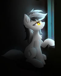 Size: 800x1000 | Tagged: safe, artist:morningbullet, oc, oc only, oc:noot, earth pony, pony, chest fluff, ear fluff, female, frown, gray mane, indoors, lidded eyes, looking up, mare, night, raised hoof, sad, signature, sitting, solo, white coat, window, yellow eyes