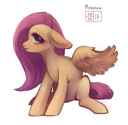 Size: 786x767 | Tagged: safe, artist:moarco, fluttershy, pony, g4, female, floppy ears, looking sideways, profile, simple background, sitting, solo, spread wings, white background, wings