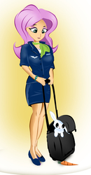 Size: 571x1101 | Tagged: safe, artist:ltrm35a2, angel bunny, fluttershy, human, g4, carrot, clothes, food, humanized, luggage, stewardess