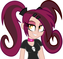 Size: 900x845 | Tagged: dead source, safe, artist:wubcakeva, oc, oc only, oc:scarlett, equestria girls, g4, breasts, choker, clothes, equestria girls-ified, female, grin, heart, lidded eyes, looking at you, shirt, simple background, smiling, solo, t-shirt, transparent background