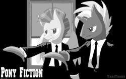 Size: 3000x1881 | Tagged: safe, artist:taritoons, oc, oc only, oc:randy, oc:steve, pony, banana, bipedal, clothes, duo, food, grayscale, hoof hold, jules winnfield, monochrome, movie poster, parody, ponified, pulp fiction, reference, tuxedo, vincent vega