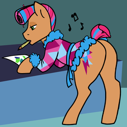 Size: 1767x1765 | Tagged: safe, artist:/d/non, starstreak, earth pony, pony, g4, bent over, bipedal, bipedal leaning, butt, clothes, hair curlers, leaning, male, mouth hold, music notes, pencil, plot, robe, solo, stallion