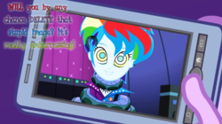 Size: 1360x760 | Tagged: safe, artist:snakeythingy, edit, rainbow dash, equestria girls, friendship through the ages, g4, camera shot, coils, crossover, dialogue, hypno dash, hypnosis, hypnotized, kaa, kaa eyes, mind control, photo manipulation, smiling, story included, swirly eyes
