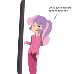 Size: 1024x1024 | Tagged: safe, artist:otakuponi, sweetie belle, human, g4, blushing, clothes, door, humanized, implied spike, pajamas