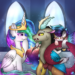 Size: 1024x1024 | Tagged: dead source, safe, artist:northlights8, discord, princess celestia, oc, alicorn, hybrid, pony, g4, biting, crown, family, female, interspecies offspring, jewelry, looking at each other, male, next generation, offspring, parent:discord, parent:princess celestia, parents:dislestia, regalia, ship:dislestia, shipping, straight