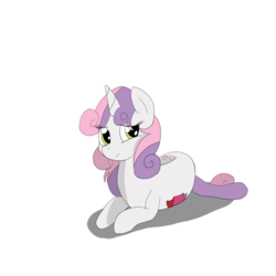 Size: 3000x3000 | Tagged: safe, artist:otakuponi, sweetie belle, pony, g4, female, high res, implied spike, lying down, simple background, solo, white background