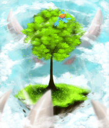 Size: 766x900 | Tagged: safe, artist:moondreamer16, rainbow dash, pegasus, pony, g4, cloud, cloudy, cute, dashabetes, female, floating island, grass, leaves, mare, monster, red eyes, smiling, solo, tree, when you see it