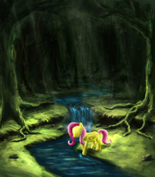 Size: 3500x4000 | Tagged: safe, artist:ifoldbooks, fluttershy, pegasus, pony, g4, crepuscular rays, everfree forest, eyes closed, female, folded wings, forest, mare, one layer, river, scenery, solo, stream
