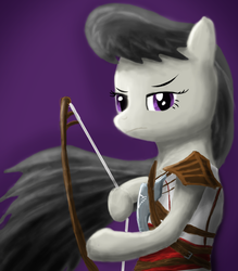 Size: 3500x4000 | Tagged: safe, artist:ifoldbooks, octavia melody, earth pony, pony, g4, archer, bipedal, bow (weapon), female, frown, gradient background, hoof hold, mare, purple background, solo, weapon