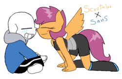 Size: 1263x817 | Tagged: safe, artist:synnibear03, scootaloo, oc, oc:ponytale scootaloo, oc:scootaloo loves sans, anthro, comic:ponytale, g4, blushing, crack shipping, crossover, crossover shipping, female, male, sans (undertale), scootaloo loves sans, scootasans, shipping, straight, undertale