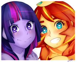 Size: 1125x900 | Tagged: safe, artist:cronavongorgon, sunset shimmer, twilight sparkle, equestria girls, g4, cute, duo, female, grin, heart, heart eyes, lesbian, looking at you, nail polish, selfie, shimmerbetes, ship:sunsetsparkle, shipping, smiling, twiabetes, wingding eyes