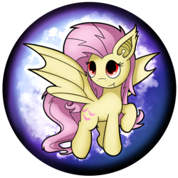 Size: 2539x2539 | Tagged: safe, artist:flamevulture17, fluttershy, bat pony, pony, g4, commission, fangs, female, flutterbat, high res, mare, orb, race swap, raised hoof, smiling, solo