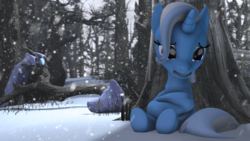 Size: 2560x1440 | Tagged: safe, artist:redaceofspades, trixie, pony, unicorn, g4, 3d, crying, female, mare, sad, snow, snowfall, solo, source filmmaker, tree, winter