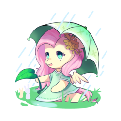 Size: 1515x1515 | Tagged: safe, artist:nitrogenowo, fluttershy, pony, g4, chibi, clothes, cute, dress, female, flower, flower in hair, leaf, rain, shyabetes, simple background, solo, transparent background, umbrella