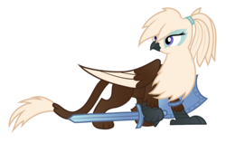 Size: 3000x1895 | Tagged: safe, artist:rish--loo, oc, oc only, oc:gwynn, griffon, feather, female, griffon oc, ponytail, shield, simple background, solo, sword, transparent background, vector, weapon, wings