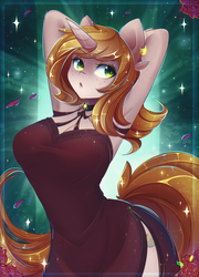 Size: 1800x2500 | Tagged: safe, alternate version, artist:koveliana, oc, oc only, oc:debra rose, unicorn, anthro, anthro oc, arm behind head, armpits, breasts, clothes, commission, dress, ear piercing, earring, female, freckles, jewelry, mare, piercing, solo, ych result