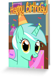 Size: 277x415 | Tagged: safe, lyra heartstrings, pony, unicorn, g4, birthday card, female, happy birthday, hat, looking at you, party hat, smiling, solo