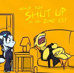 Size: 800x789 | Tagged: safe, artist:captainhoers, soarin', spitfire, pegasus, pony, firestarter spitfire, g4, bathrobe, clothes, controller, couch, dialogue, eyes closed, female, goggles, joystick, male, mare, orange background, robe, simple background, stallion, yelling