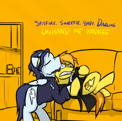 Size: 800x789 | Tagged: safe, artist:captainhoers, soarin', spitfire, pegasus, pony, firestarter spitfire, g4, bathrobe, clothes, controller, couch, cute, dialogue, eyes closed, female, goggles, hug, joystick, male, mare, robe, ship:soarinfire, shipping, stallion, straight