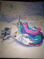 Size: 1213x1632 | Tagged: safe, artist:katstalnaker, princess celestia, alicorn, pony, g4, both cutie marks, clothes, crying, female, mare in the moon, moon, present, prone, sad, scarf, solo, text, traditional art, winter