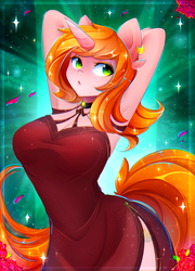 Size: 1800x2500 | Tagged: safe, alternate version, artist:koveliana, oc, oc only, oc:debra rose, unicorn, anthro, anthro oc, arm behind head, armpits, breasts, clothes, commission, dress, ear piercing, earring, female, freckles, jewelry, piercing, solo, ych result