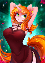 Size: 1800x2500 | Tagged: safe, alternate version, artist:koveliana, oc, oc only, oc:debra rose, unicorn, anthro, anthro oc, arm behind head, armpits, breasts, clothes, commission, dress, ear piercing, earring, female, freckles, jewelry, piercing, solo, ych result
