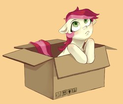 Size: 1983x1677 | Tagged: safe, artist:facerenon, roseluck, earth pony, pony, g4, box, commissioner:doom9454, cute, female, floppy ears, mare, pony in a box, pouting, solo
