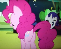 Size: 989x786 | Tagged: safe, screencap, pinkie pie, rarity, earth pony, pony, unicorn, g4, the mane attraction, butt, cropped, female, mare, plot