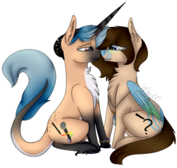 Size: 1530x1451 | Tagged: safe, artist:sweetmelon556, oc, oc only, oc:fianna, oc:sky, pegasus, pony, unicorn, chest fluff, colored wings, colored wingtips, female, male, mare, multicolored wings, nuzzling, simple background, sitting, stallion, transparent background