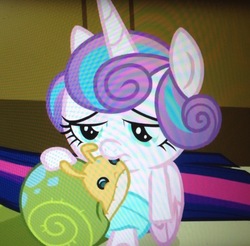 Size: 951x935 | Tagged: safe, screencap, princess flurry heart, whammy, pony, a flurry of emotions, g4, baby, bored, cropped, diaper, female, photo, picture of a screen, solo