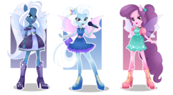 Size: 2181x1200 | Tagged: safe, artist:limedazzle, night glider, sugar belle, trixie, equestria girls, g4, my little pony equestria girls: rainbow rocks, alternate universe, boots, clothes, dress, female, gem, high heel boots, microphone, ponied up, simple background, siren gem, skirt, transparent background, trio, vector