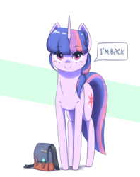 Size: 1900x2402 | Tagged: safe, artist:mrscroup, twilight sparkle, pony, unicorn, g4, backpack, dialogue, female, looking at you, mare, solo, speech bubble