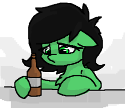 Size: 333x289 | Tagged: safe, artist:plunger, oc, oc only, oc:filly anon, pony, alcohol, beer, beer bottle, female, filly, sad