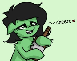Size: 720x566 | Tagged: safe, artist:plunger, oc, oc only, oc:filly anon, pony, alcohol, beer, cheers, female, filly, green background, happy, simple background, solo