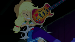 Size: 1280x720 | Tagged: safe, screencap, applejack, rarity, equestria girls, g4, my little pony equestria girls: rainbow rocks, bass guitar, kicking, musical instrument