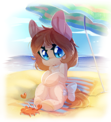 Size: 1300x1428 | Tagged: safe, artist:vallionshad, oc, oc only, crab, pony, beach, beach blanket, blue eyes, bow, cute, female, mare, ocbetes, solo, tail bow, umbrella, water