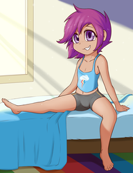 Size: 2000x2600 | Tagged: dead source, safe, artist:fearingfun, scootaloo, human, g4, barefoot, bed, belly button, clothes, colored pupils, cute, cutealoo, fangs, feet, female, freckles, high res, humanized, rug, shorts, sitting, smiling, solo, tank top, window