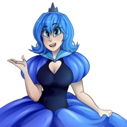 Size: 2000x2000 | Tagged: safe, artist:goshhhh, princess luna, human, g4, breasts, busty princess luna, cleavage, clothes, curtsey, cute, dress, female, heart, heart eyes, high res, humanized, luna of atlantis, lunabetes, princess, shiny, simple background, smiling, solo, transparent background, wingding eyes