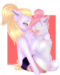 Size: 2148x2716 | Tagged: safe, artist:maximpy, oc, oc only, oc:kira, oc:tsanaimi, earth pony, pony, blushing, chest fluff, clothes, female, high res, lesbian, mare, oc x oc, shipping, socks, striped socks