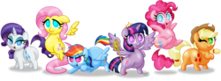 Size: 3683x1350 | Tagged: safe, artist:aleximusprime, applejack, fluttershy, pinkie pie, rainbow dash, rarity, twilight sparkle, alicorn, earth pony, pegasus, pony, unicorn, g4, bipedal, chibi, female, looking at you, mane six, mare, scepter, simple background, smiling, transparent background, twilight scepter, twilight sparkle (alicorn)