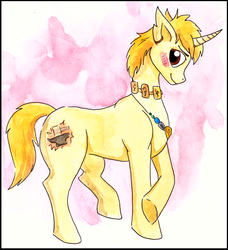 Size: 600x658 | Tagged: safe, artist:veda, oc, oc only, pony, unicorn, blushing, collar, furryguys, male, ponified, solo, traditional art, watercolor painting