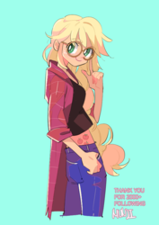 Size: 586x827 | Tagged: safe, artist:dusty-munji, applejack, equestria girls, g4, glasses, milestone, smiling