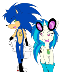 Size: 1024x1173 | Tagged: safe, artist:steelsoul, dj pon-3, vinyl scratch, pony, g4, boots, clothes, crossover, digital art, jewelry, male, necklace, ring, simple background, smug, socks, sonic the hedgehog, sonic the hedgehog (series), sunglasses