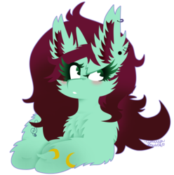 Size: 1812x1826 | Tagged: safe, artist:vanillaswirl6, oc, oc only, oc:mia, pony, unicorn, blushing, bracelet, cheek fluff, chest fluff, chibi, commission, cute, ear fluff, ear piercing, female, fluffy, jewelry, looking up, lying down, mare, piercing, scrunchy face, signature, simple background, solo, transparent background