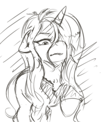 Size: 2679x3125 | Tagged: safe, artist:mrscurlystyles, oc, oc only, oc:pynk hyde, pony, unicorn, frown, hair over one eye, high res, sketch, solo