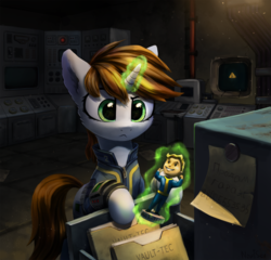 Size: 1319x1267 | Tagged: safe, artist:inowiseei, oc, oc only, oc:littlepip, pony, unicorn, fallout equestria, :<, art trade, bobblehead, clothes, crossover, fallout, fallout 3, female, glowing horn, judging, jumpsuit, magic, mare, pipbuck, russian, solo, translated in the comments, vault boy, vault suit, vault-tec
