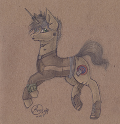 Size: 2585x2664 | Tagged: safe, artist:kimsteinandother, oc, oc only, oc:faraisi, pony, unicorn, fallout equestria, clothes, fallout, female, high res, male, mare, pipbuck, solo, traditional art