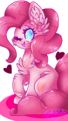 Size: 720x1280 | Tagged: safe, artist:xharmany18, pinkie pie, earth pony, pony, g4, cheek fluff, chest fluff, ear fluff, female, one eye closed, raised hoof, simple background, sitting, solo, transparent background, wink