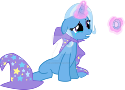 Size: 1024x739 | Tagged: safe, artist:theropodhunter, trixie, pony, unicorn, g4, brooch, cape, clasp, clothes, crying, female, floppy ears, gem, hat, jewelry, levitation, magic, mare, sad, simple background, sitting, solo, telekinesis, transparent background, trixie's brooch, trixie's cape, trixie's hat, vector, watermark